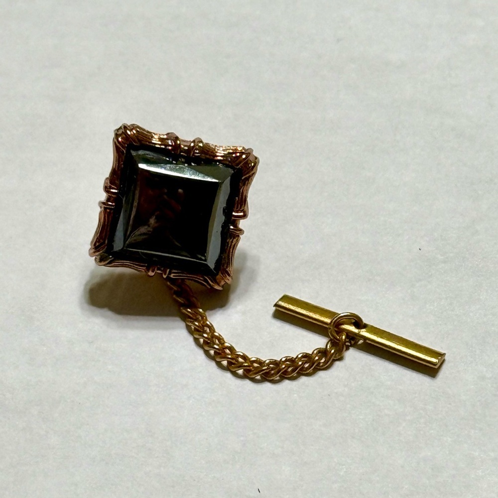 Vintage Men's Tie Tack Clasp Pin Chain Bar Clip Square Black Stone Gold Tone